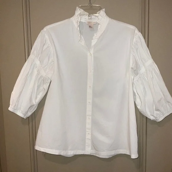 H&M White 100% Cotton 3/4 Puffy Sleeve Blouse Top Button Down Size 8 - Picture 1 of 9